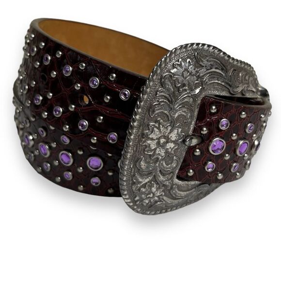 Ariat Accessories - Ariat Burgundy Leather Purple Rhinestone Silver Buckle Handcrafted Belt Women 26